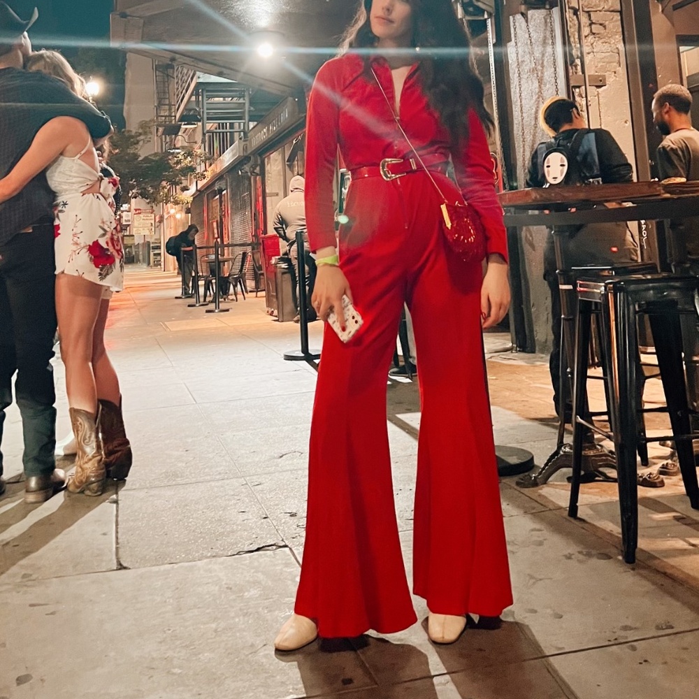 Vintage 70s Red Velvet Zip Up Bell Bottom Jumpsuit